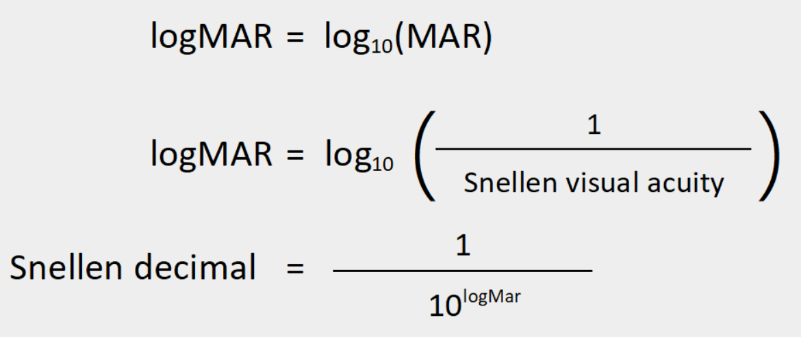 logMAR = log10(MAR). logMAR = log10(1 / Snellen decimal). Snellen decimal = 1/10^(logMAR)