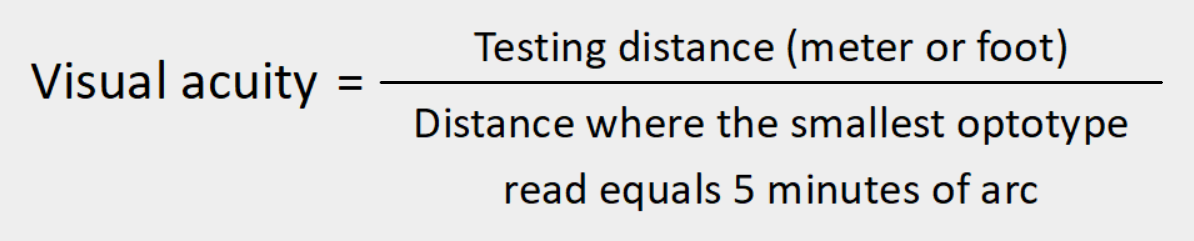 Visual acuity = Testing distance (m or ft) / Distance where the smallest optotype read equals 5 minutes of arc