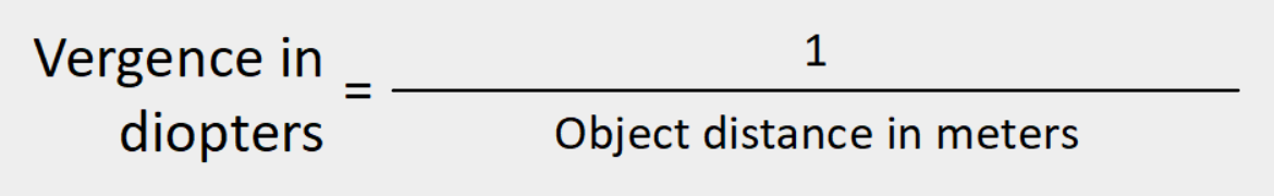 Vergence in diopters = 1 / object distance in meters